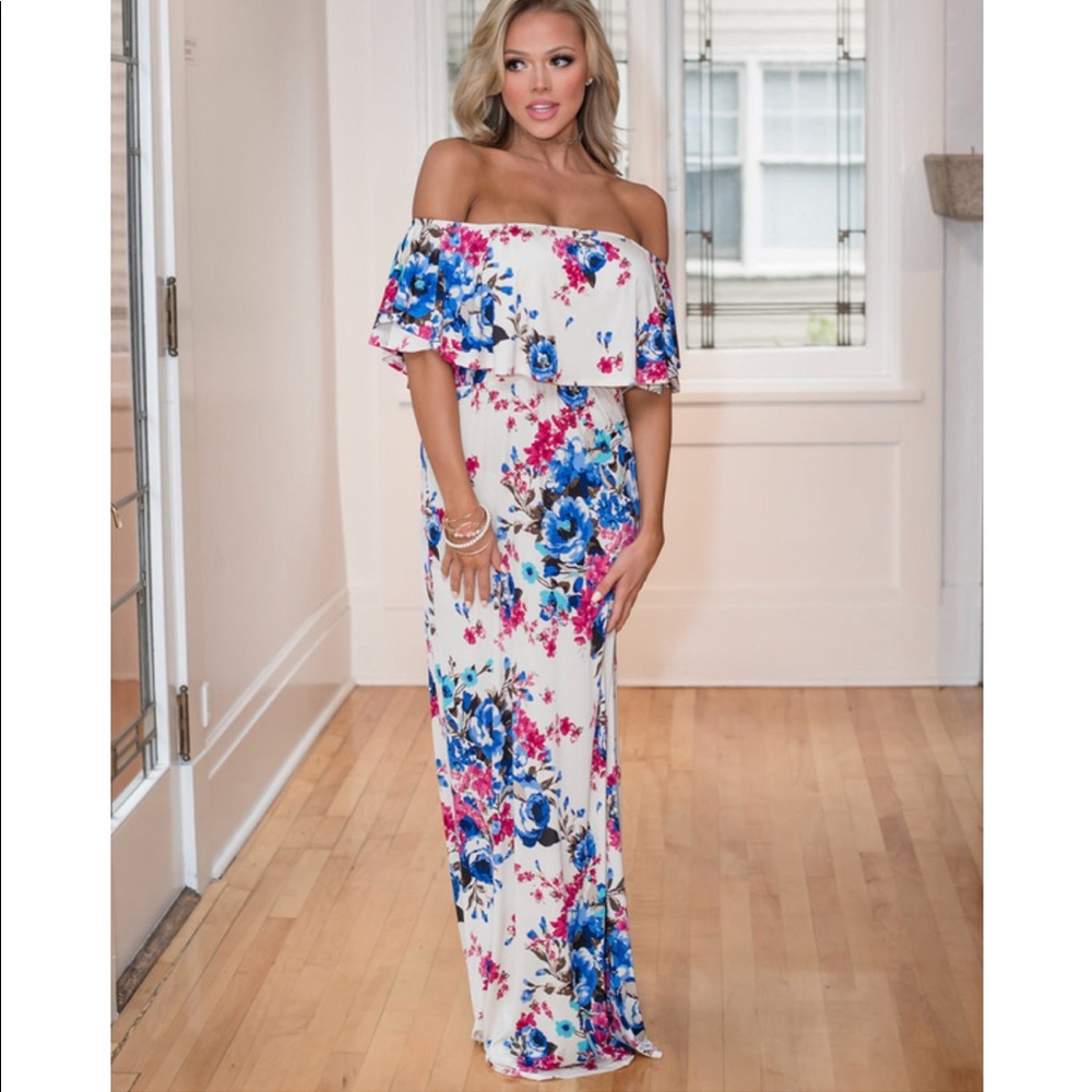 Boat Neck Floral Maxi Dress